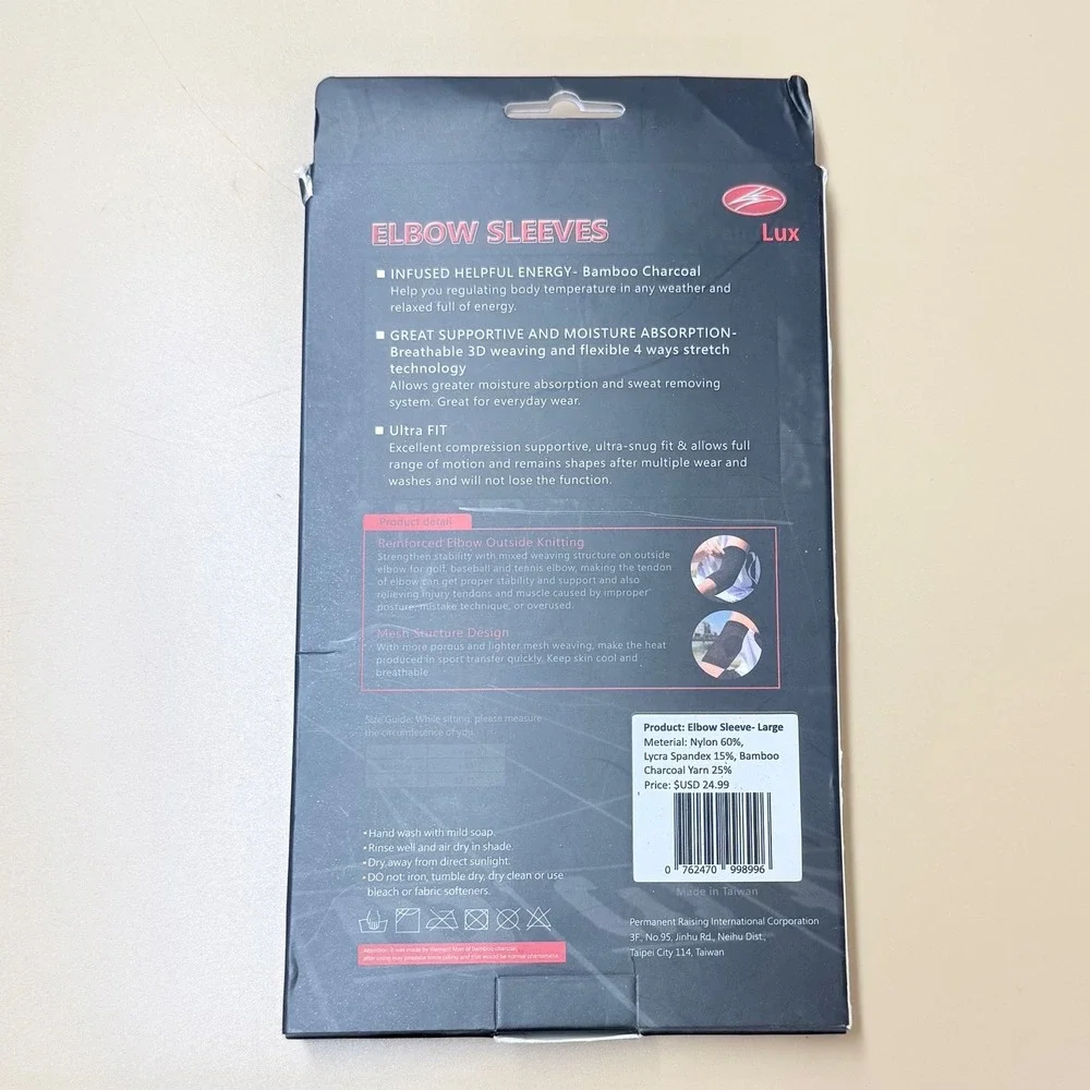 FabuLux Bamboo Charcoal Elbow Sleeves Compression Support Large Black New